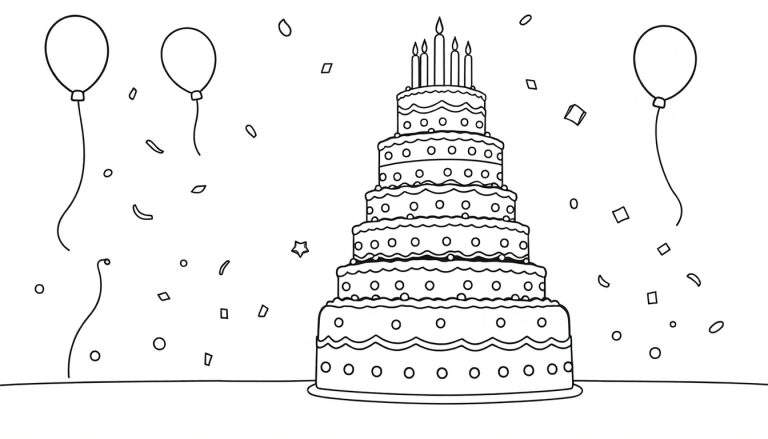 Dessin au trait d'un gâteau de fête avec des bougies, des ballons et des confettis, représentant un color panel de joie.