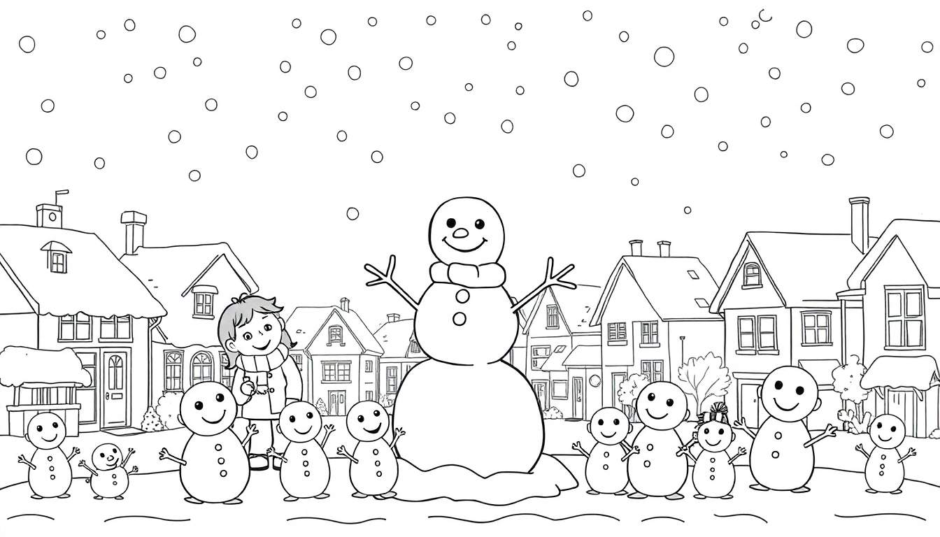 Un groupe de bonshommes de neige joyeux avec une fille dans un village enneigé, prêt pour le color panel.