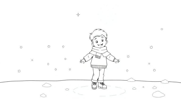 Un dessin simple en noir et blanc d'un garçon souriant dans un paysage enneigé, levant les bras, avec des flocons de neige tombant et une étoile scintillante, dans un style de dessin au trait.