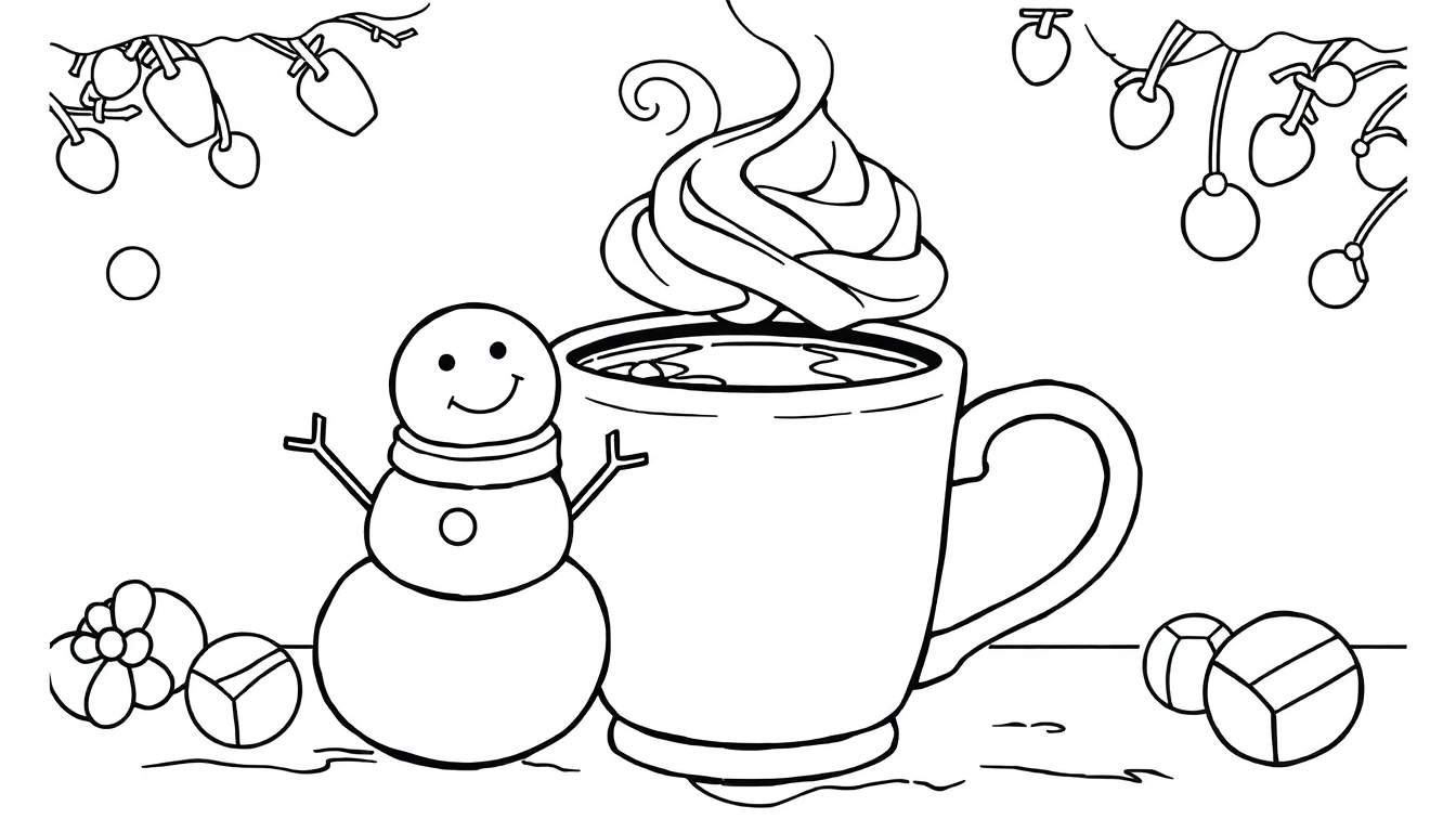 Dessin de Noël : une tasse de chocolat chaud, un bonhomme de neige et des cadeaux, idéal pour un color panel.