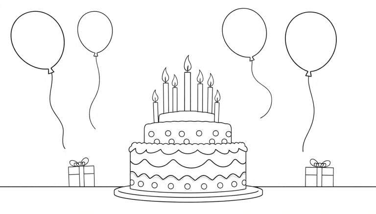 Un dessin au trait d'un gâteau d'anniversaire à trois étages avec des bougies, des cadeaux et des ballons colorés, sur un fond blanc, un color panel.