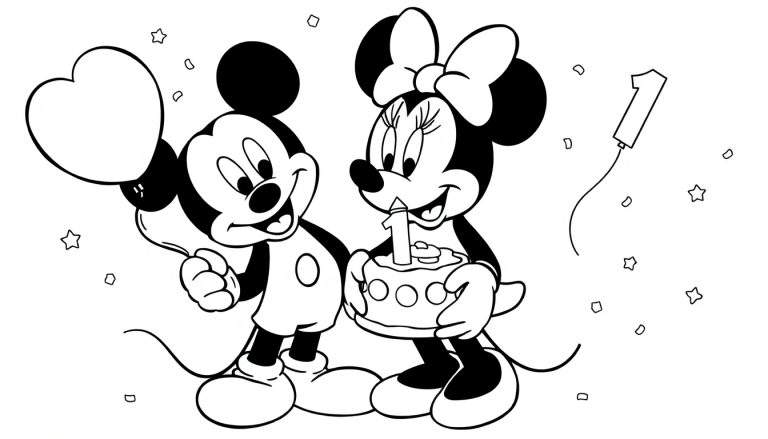 Mickey et Minnie Mouse joyeux pour un anniversaire, tenant un ballon en forme de cœur et un gâteau avec une bougie, entourés d'étoiles et de ballons chiffres 1. Color panel.