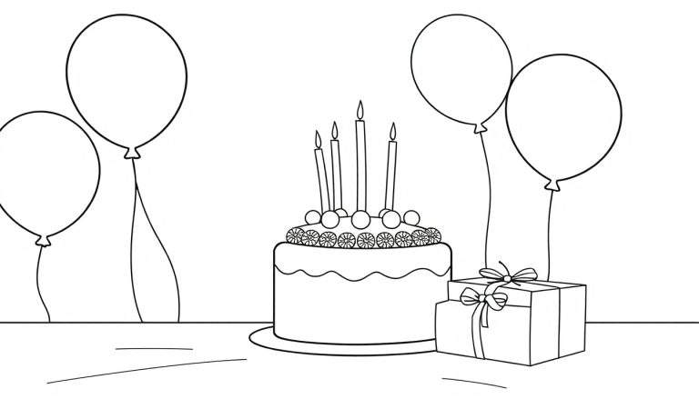Dessin au trait d'une fête d'anniversaire avec un gâteau, des cadeaux et des ballons sur un color panel blanc.