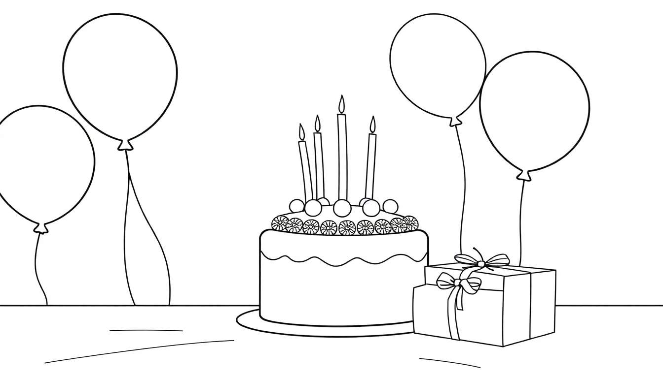 Dessin au trait d'une fête d'anniversaire avec un gâteau, des cadeaux et des ballons sur un color panel blanc.