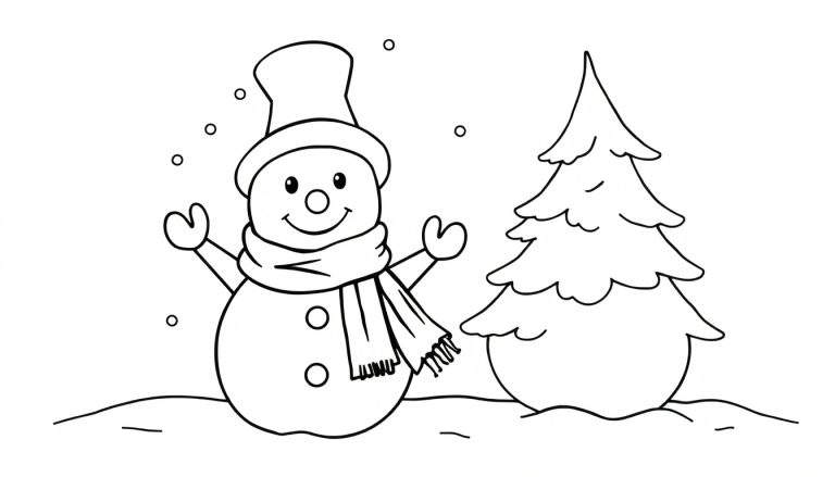 Un dessin au trait d'un bonhomme de neige joyeux avec un chapeau haut de forme et une écharpe, à côté d'un sapin de Noël enneigé, avec des flocons de neige tombant.