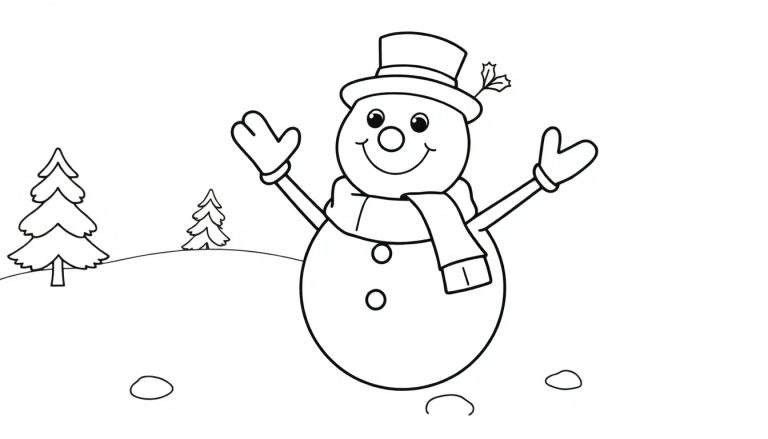 Bonhomme de neige dessiné à l'encre noire avec un chapeau, une écharpe et des arbres en arrière-plan, prêt pour un color panel.