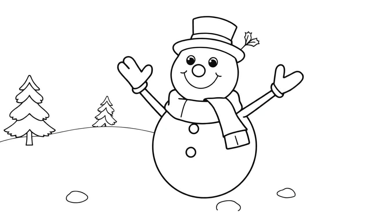 Bonhomme de neige dessiné à l'encre noire avec un chapeau, une écharpe et des arbres en arrière-plan, prêt pour un color panel.
