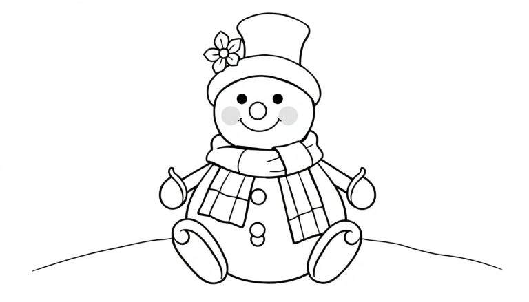 Bonhomme de neige assis sur une butte de neige, dessin au trait avec chapeau haut de forme et fleur.