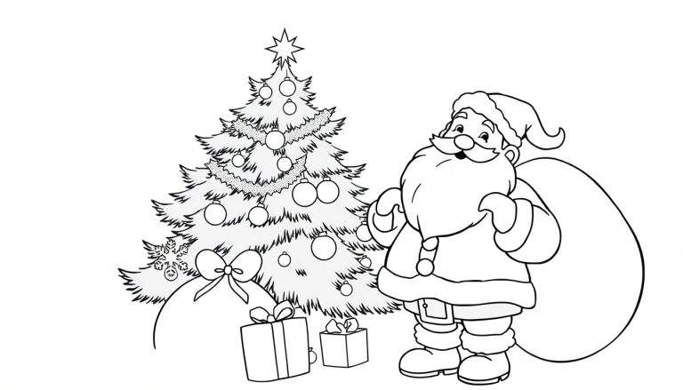 Dessin au trait de Noël avec le Père Noël et un sapin décoré, prêt à être colorisé.
