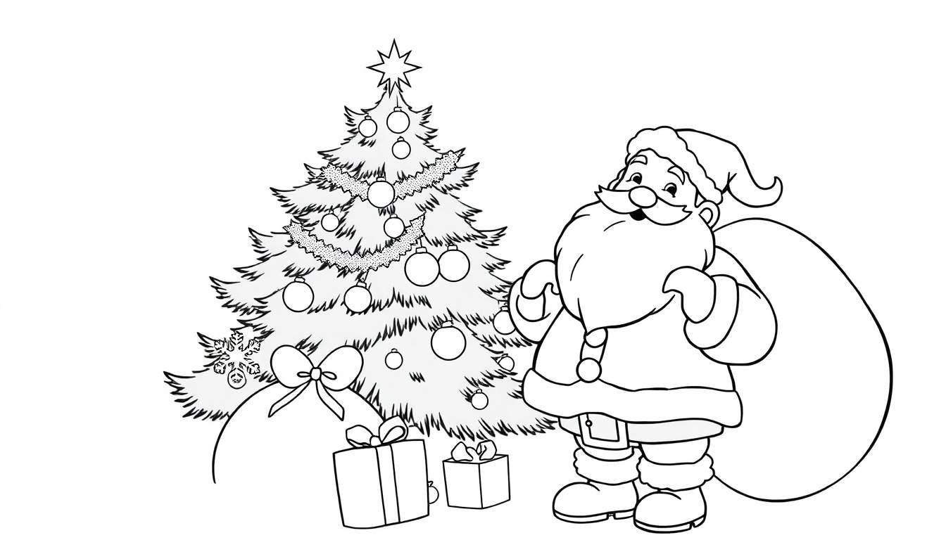 Dessin au trait de Noël avec le Père Noël et un sapin décoré, prêt à être colorisé.