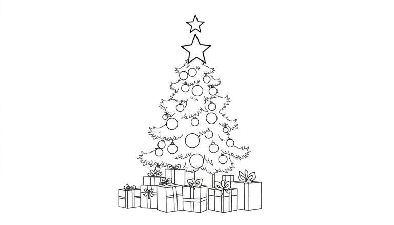 Dessin au trait noir et blanc d'un sapin de Noël décoré avec des boules et des cadeaux.
