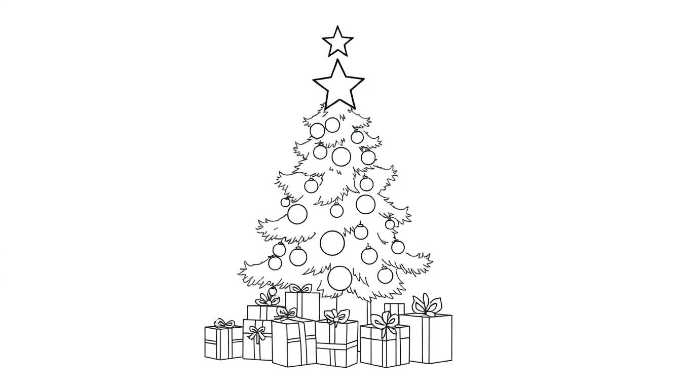 Dessin au trait noir et blanc d'un sapin de Noël décoré avec des boules et des cadeaux.