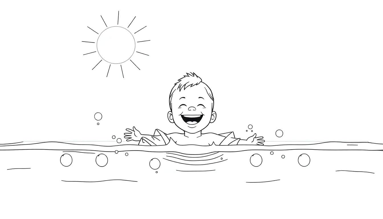 Un dessin au trait d'un bébé souriant dans l'eau avec un soleil en haut à gauche, parfait pour un color panel.