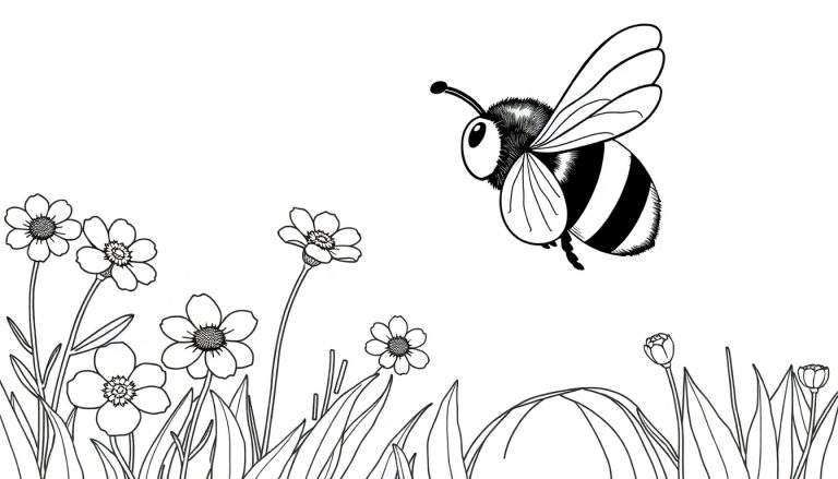 Dessin au trait d'une abeille volant vers des fleurs avec un arrière-plan blanc, style color panel.