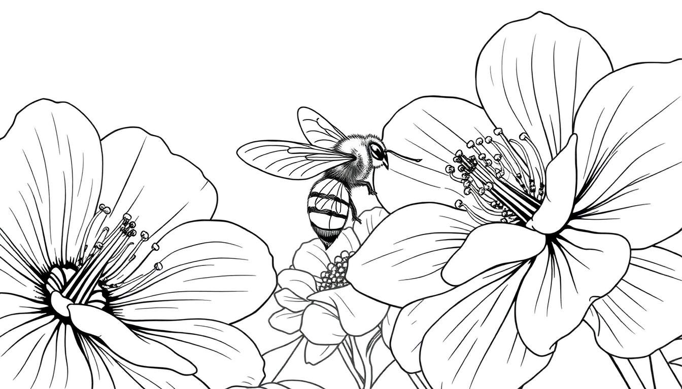 Dessin au trait d'une abeille butinant une fleur dans un color panel.