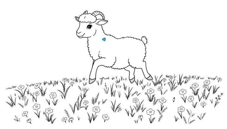 Un dessin au trait noir et blanc d'un agneau avec des cornes recourbées sur un champ de fleurs. Un petit cœur bleu est sur son flanc.