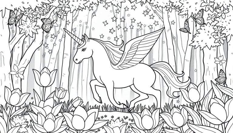 Un alicorne dans une forêt enchantée, prêt pour un coloriage.