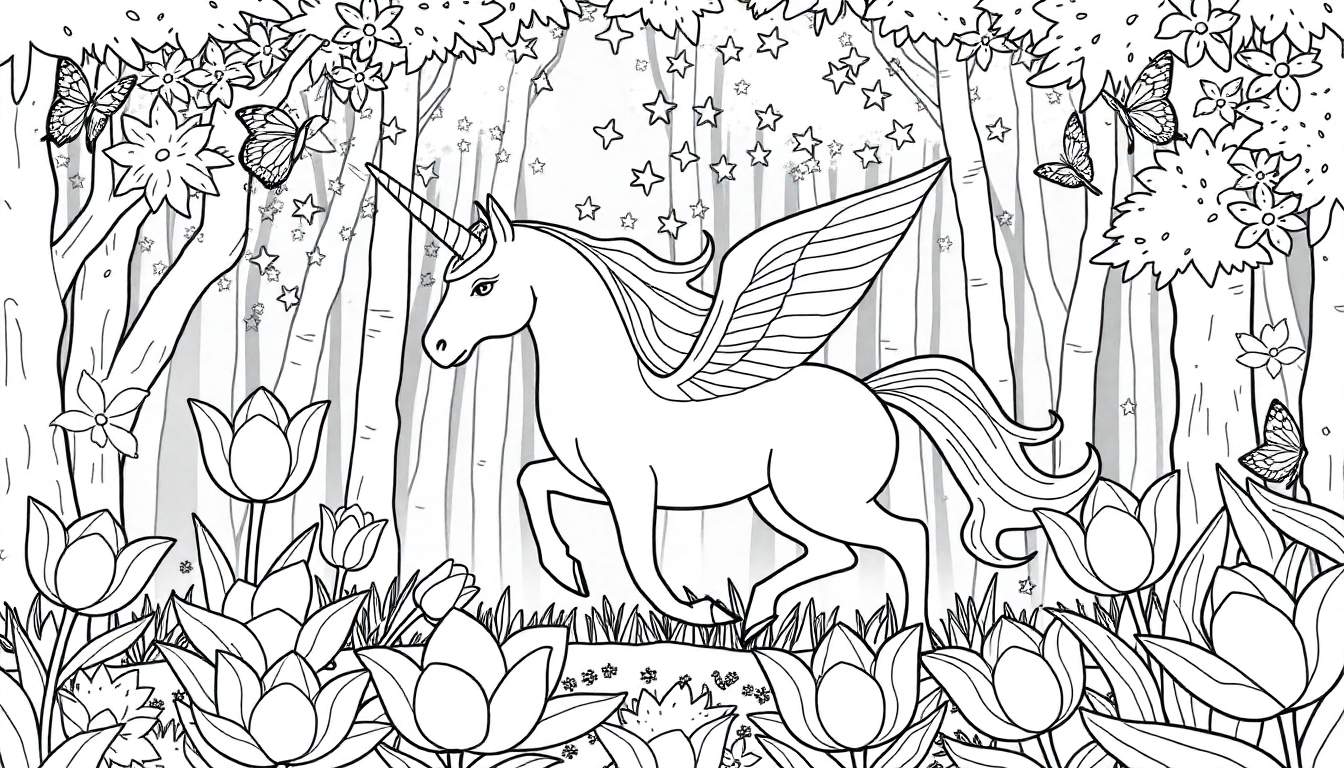Un alicorne dans une forêt enchantée, prêt pour un coloriage.