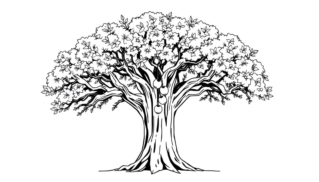 Arbre dessiné au trait avec des feuilles et des fleurs, et trois fruits ronds.