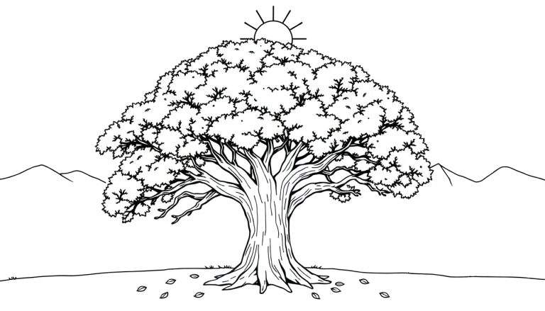 Dessin au trait d'un grand arbre avec un soleil et des montagnes, un color panel de la nature.
