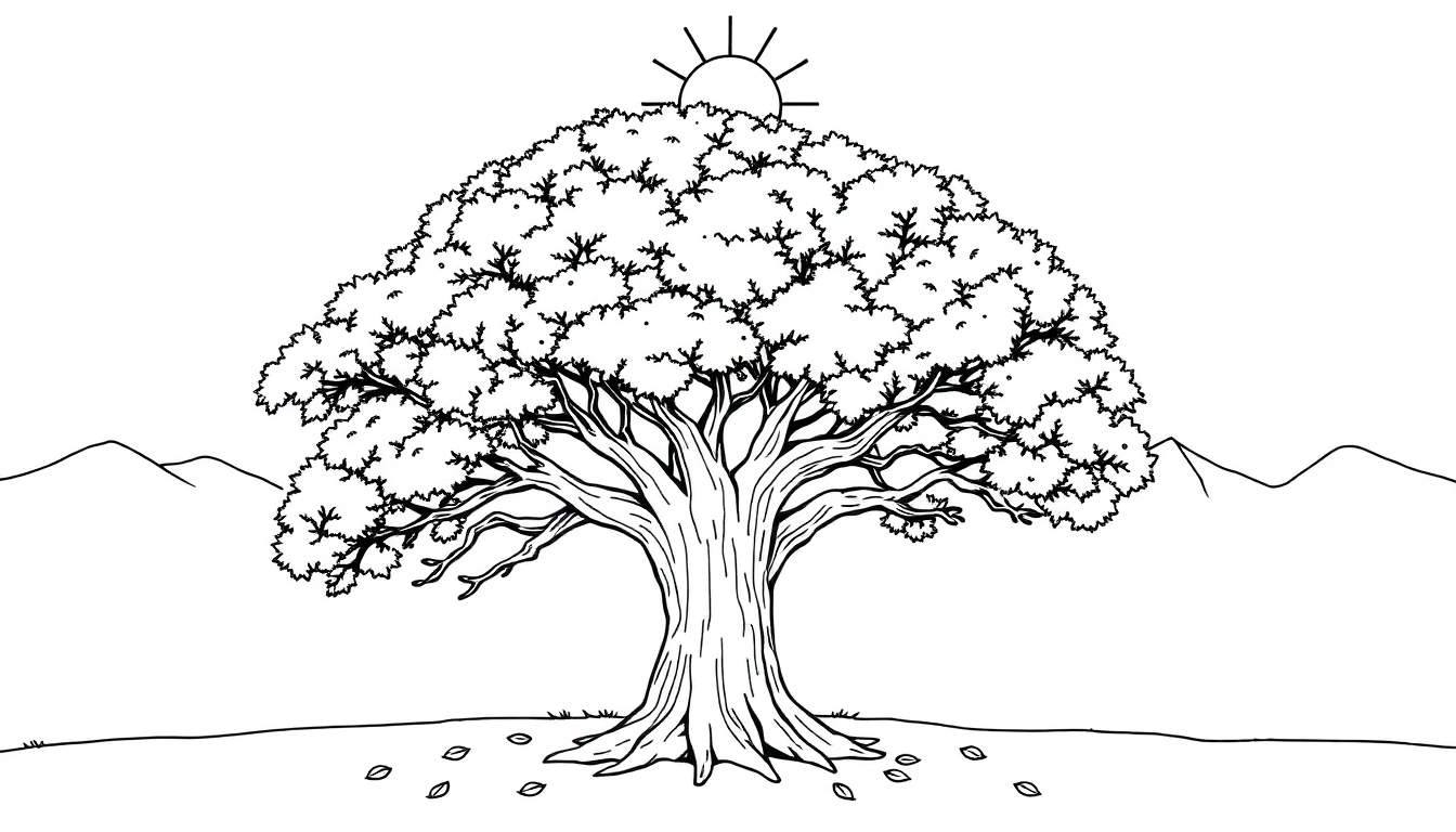 Dessin au trait d'un grand arbre avec un soleil et des montagnes, un color panel de la nature.