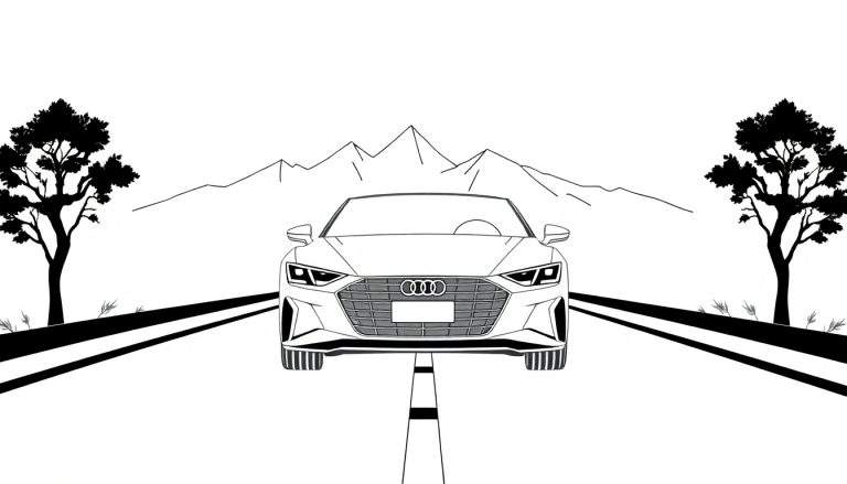 Une Audi sportive rouge vue de côté, sur une route noire, avec des arbres stylisés et des montagnes en arrière-plan, le tout dans un style d'illustration graphique en noir et blanc, rappelant un color panel.