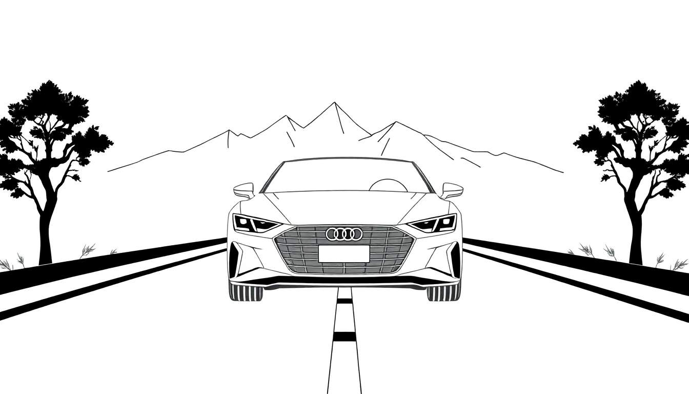 Une Audi sportive rouge vue de côté, sur une route noire, avec des arbres stylisés et des montagnes en arrière-plan, le tout dans un style d'illustration graphique en noir et blanc, rappelant un color panel.