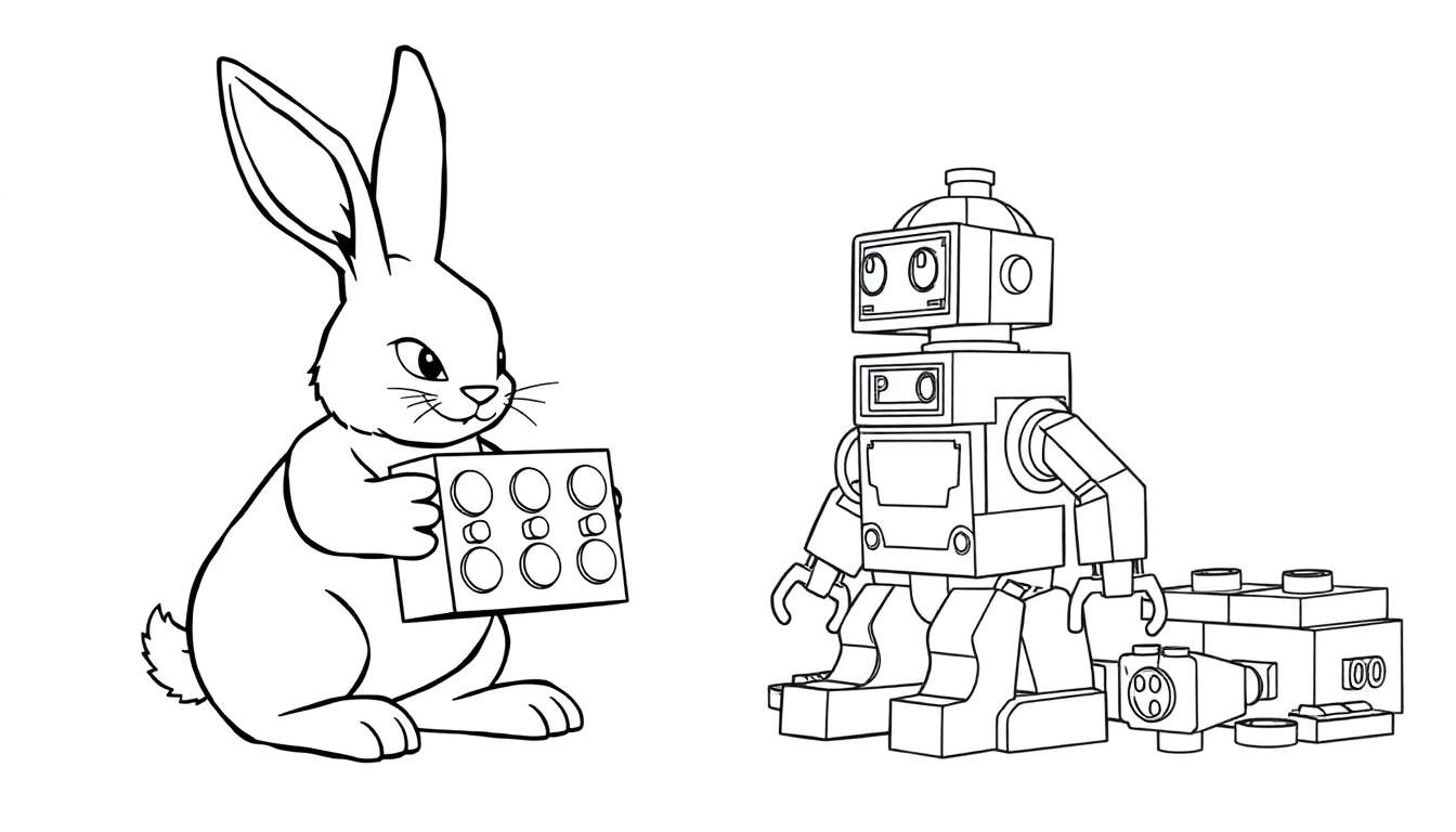 Une assiette couleur avec un lapin jouant au LEGO avec un robot.