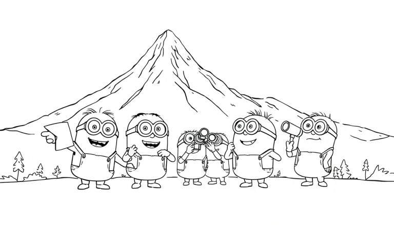 Un groupe de Minions explorent une montagne avec des jumelles et un télescope, prêts pour une aventure colorée sur leur color panel.