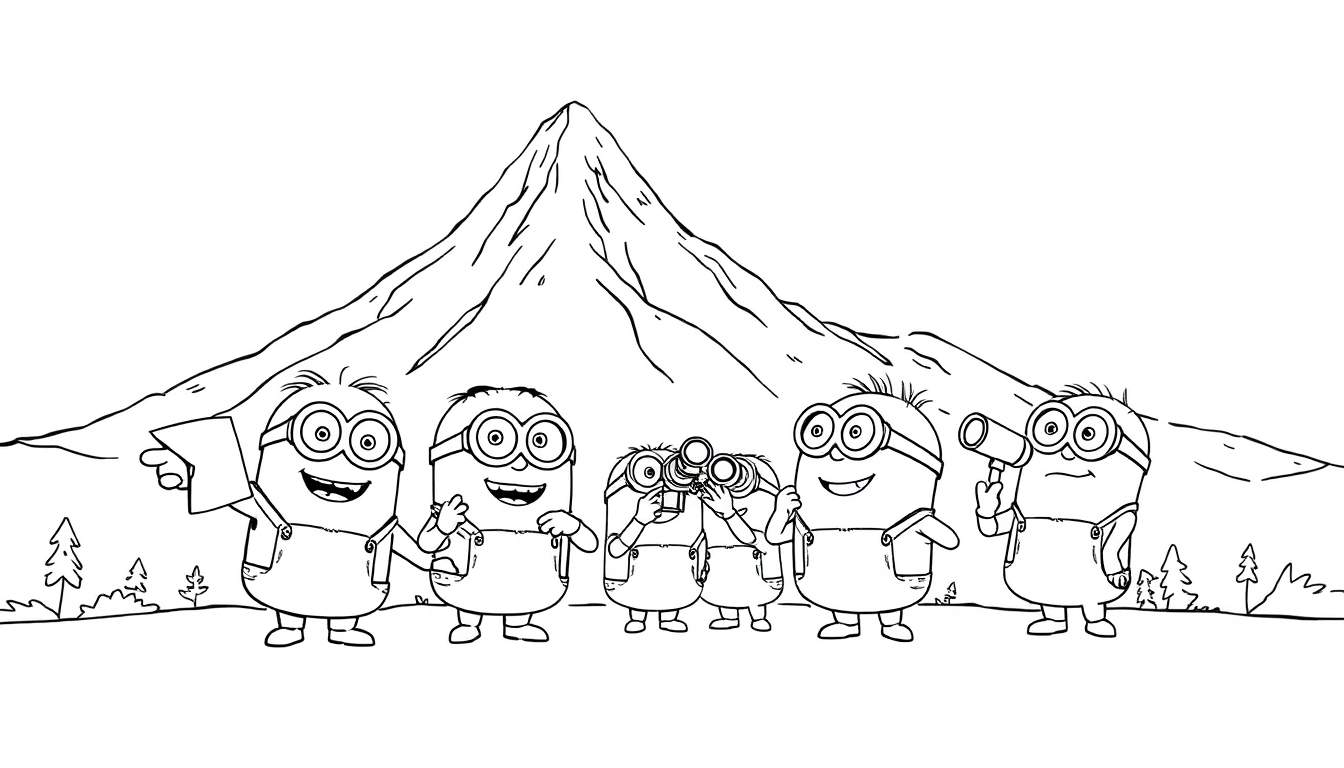 Un groupe de Minions explorent une montagne avec des jumelles et un télescope, prêts pour une aventure colorée sur leur color panel.