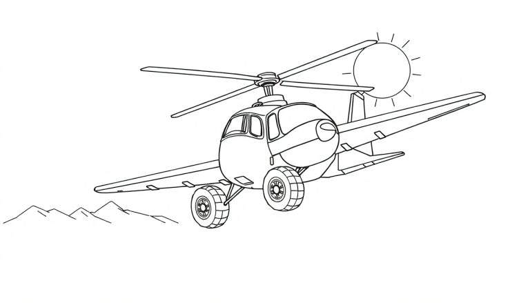 Un véhicule hybride volant avec un panneau de couleur vives et des montagnes en arrière-plan.