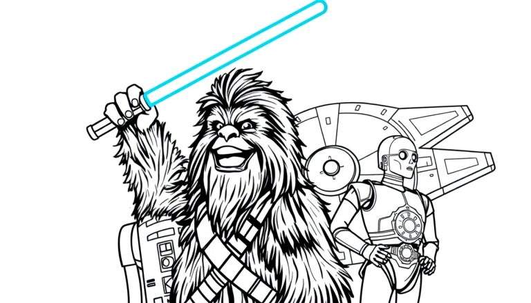 Chewbacca brandissant un sabre laser bleu devant le Faucon Millenium, avec R2-D2 et C-3PO.