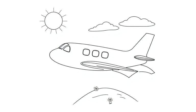 Dessin au trait d'un avion dans le ciel avec un soleil, des nuages et une colline fleurie.