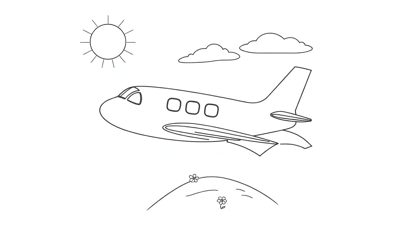 Dessin au trait d'un avion dans le ciel avec un soleil, des nuages et une colline fleurie.