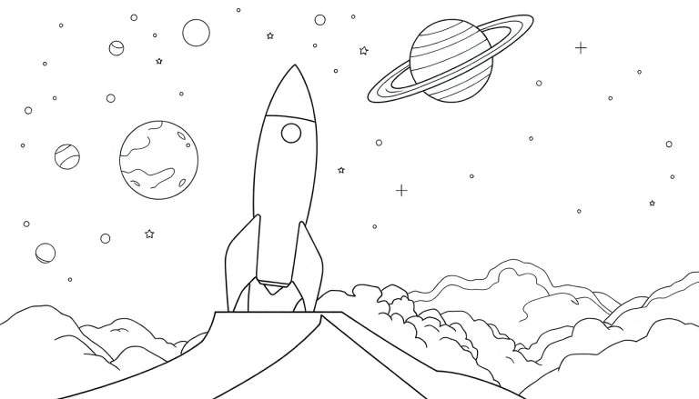 Dessin au trait d'une fusée sur une montagne, avec des planètes et des étoiles dans le ciel.