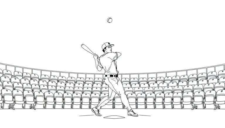 Dessin au trait d'un joueur de baseball se préparant à frapper la balle, vu de dos, avec un stade vide en arrière-plan, incluant un color panel.