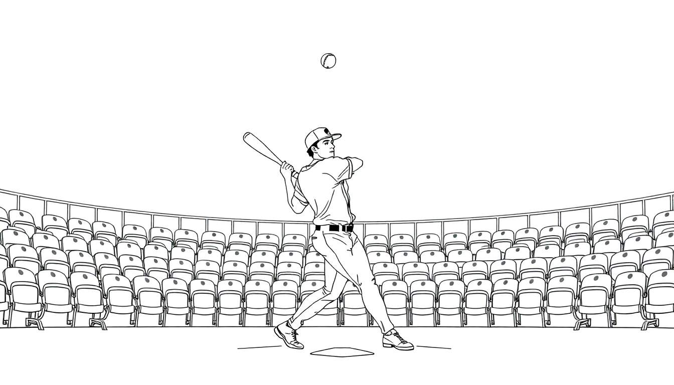 Dessin au trait d'un joueur de baseball se préparant à frapper la balle, vu de dos, avec un stade vide en arrière-plan, incluant un color panel.