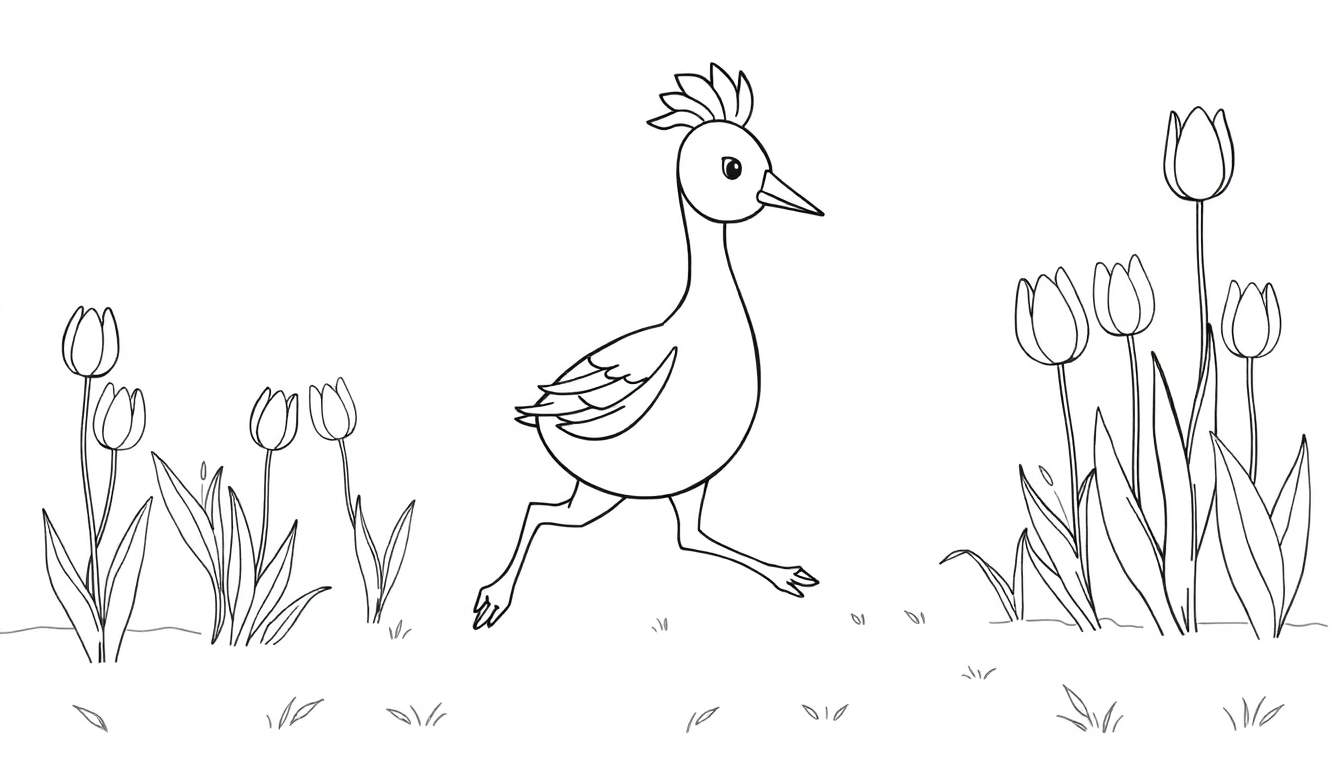 Oiseau courant dans un jardin de tulipes, prêt pour le color panel.