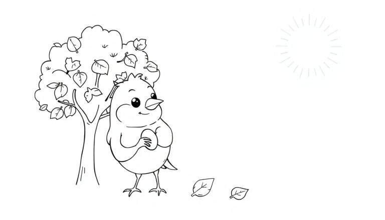 Un petit oiseau dessiné tenant un gland près d'un arbre d'automne, avec le soleil au-dessus, dans un style color panel.