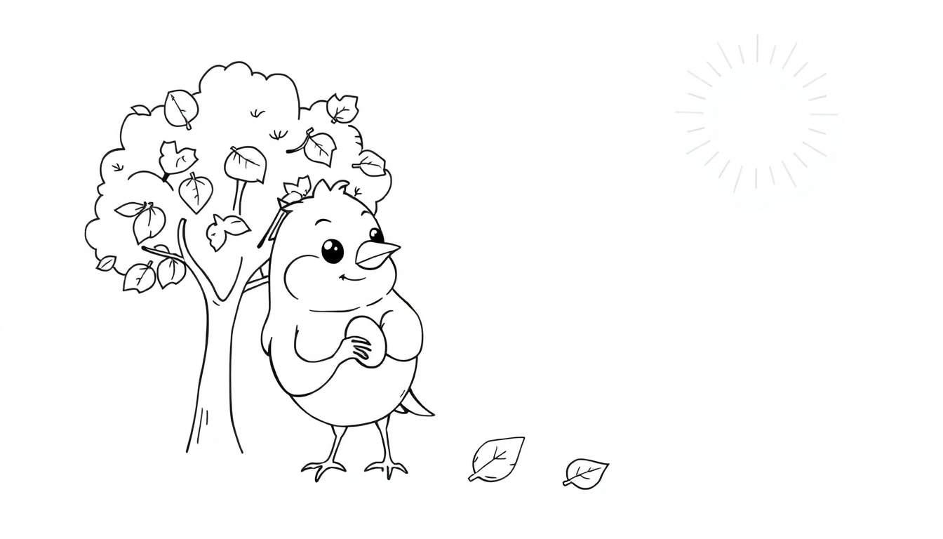 Un petit oiseau dessiné tenant un gland près d'un arbre d'automne, avec le soleil au-dessus, dans un style color panel.