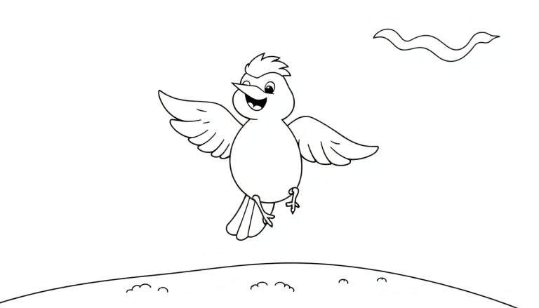 Un oiseau au trait souriant en plein vol, avec des ailes déployées, des pattes pendantes, et une ligne ondulée au-dessus.