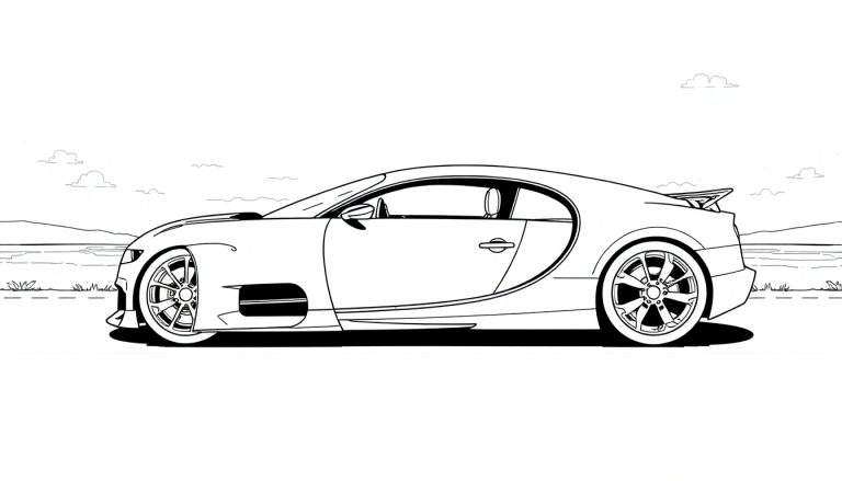 Dessin au trait d'une voiture de sport Bugatti Chiron prêt à être coloré, avec un paysage marin en arrière-plan.