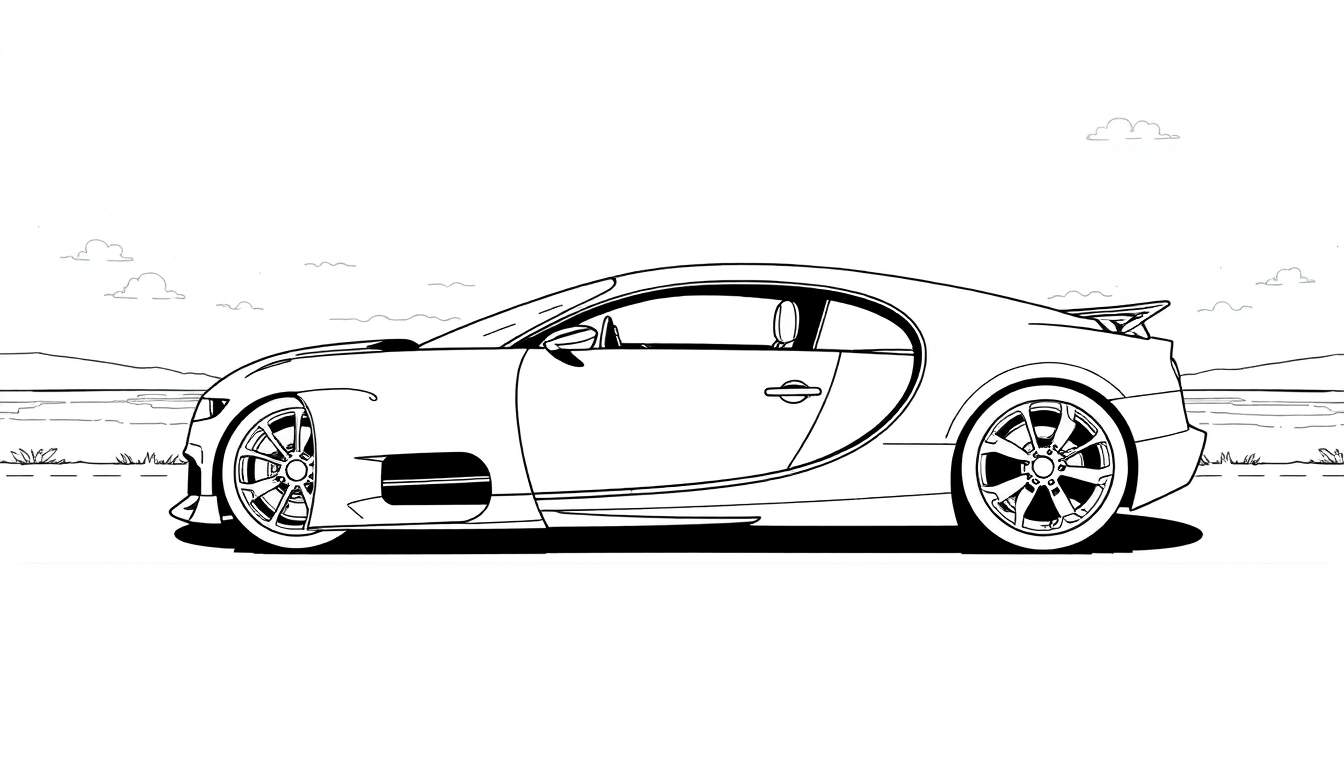 Dessin au trait d'une voiture de sport Bugatti Chiron prêt à être coloré, avec un paysage marin en arrière-plan.