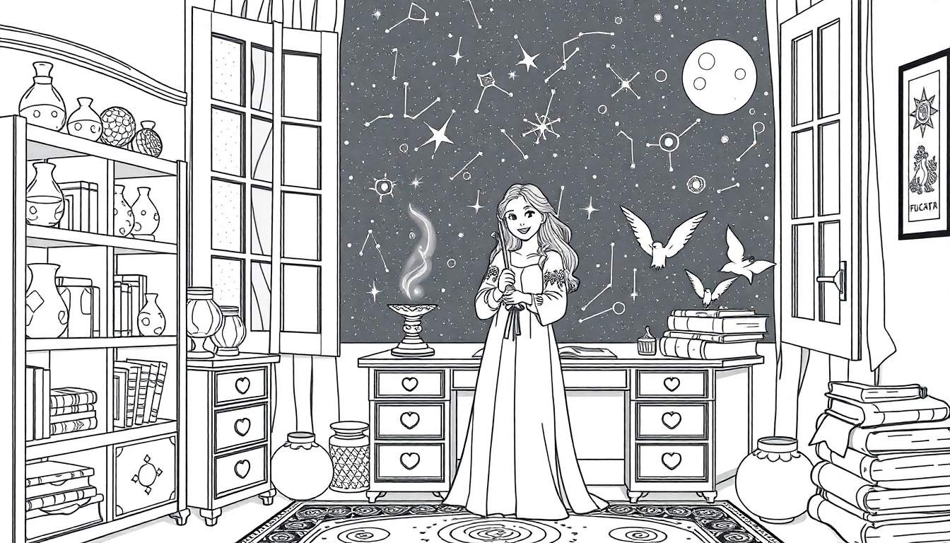 Une jeune fille souriante aux cheveux longs, portant une robe longue, tient une baguette magique et un livre devant une table avec un brûleur d'encens.