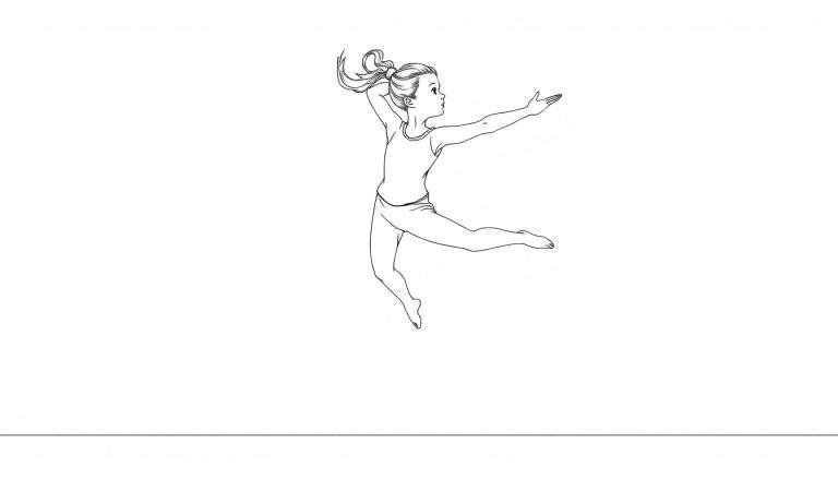 Dessin au trait d'une jeune fille en mouvement, sautant ou dansant, avec ses cheveux en queue de cheval.
