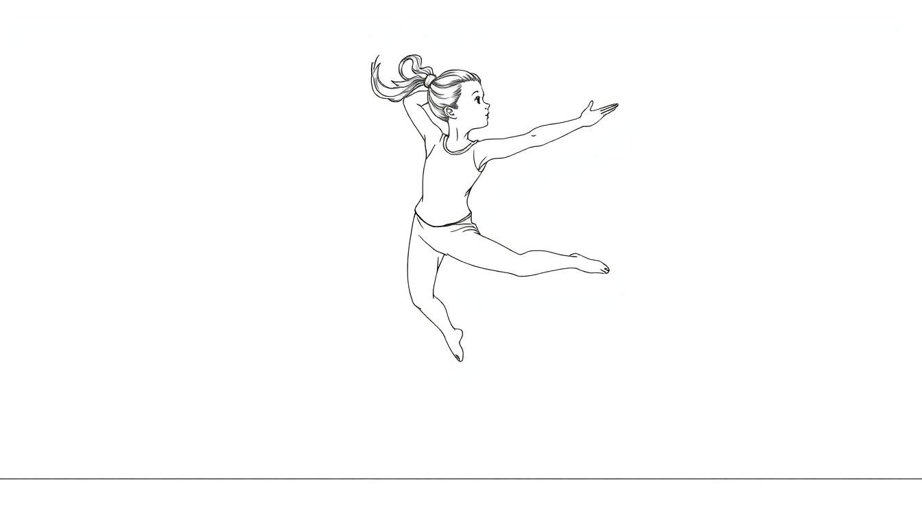Dessin au trait d'une jeune fille en mouvement, sautant ou dansant, avec ses cheveux en queue de cheval.