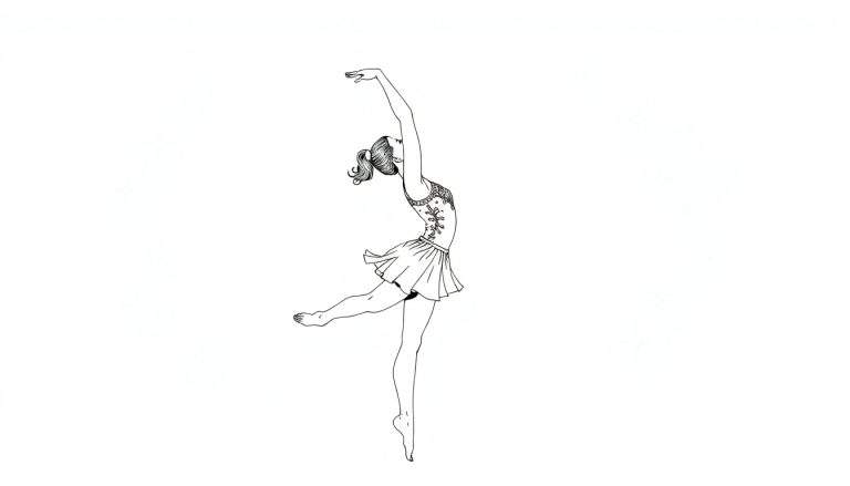 Dessin au trait d'une jeune fille dans une pose de danse élégante, avec un color panel.