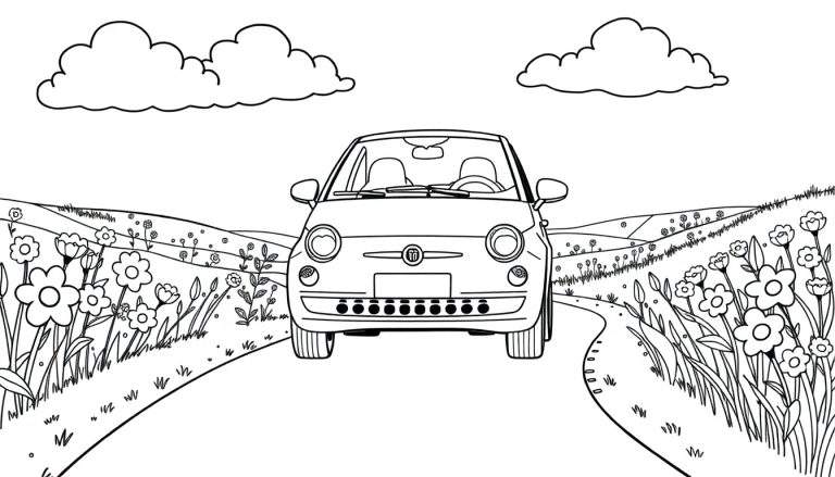 Voiture Fiat 500 style dessin animé sur une route de campagne avec des fleurs et des collines en arrière-plan, conçue pour un panneau de coloriage.