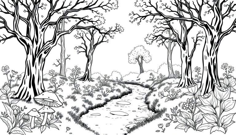 Dessin au trait d'un paysage forestier avec un ruisseau et des champignons.