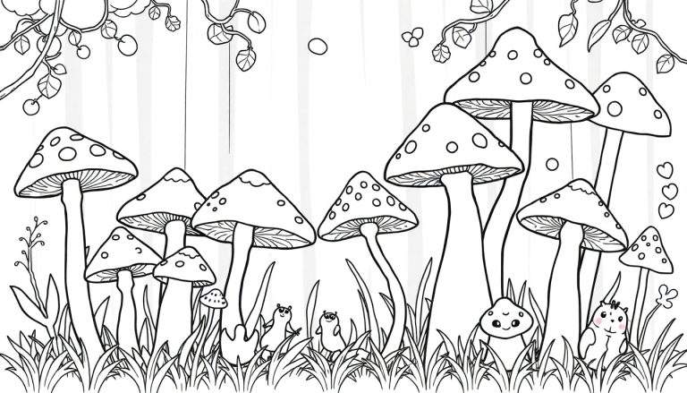 Page à colorier d'une forêt avec des champignons et de petites créatures.